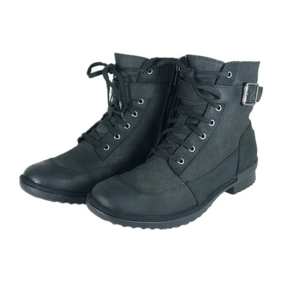 UGG Shoes - UGG Women's Tulane US7 Black Leather Canvas Waterproof Wool Lined Ankle Boots